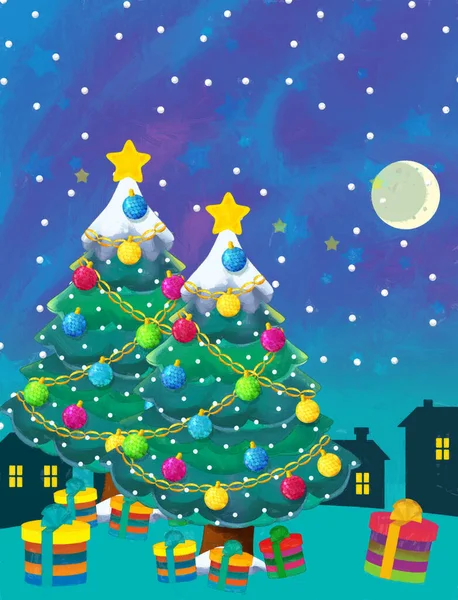 Счастливая Сцена Рождественской Ёлкой Иллюстрация Детей — стоковое фото