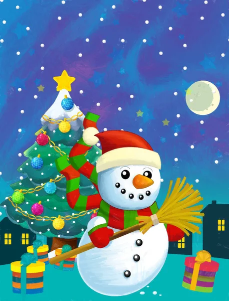 Kardan Adam Noel Ağacıyla Noel Mutlu Sahnesi Çocuklar Için Çizim — Stok fotoğraf