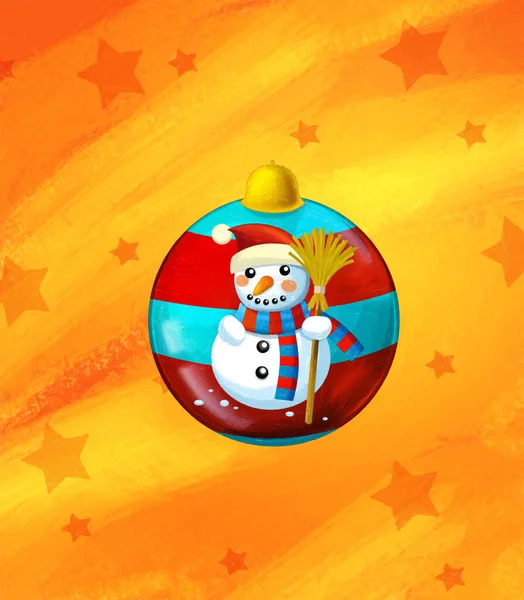 不同用法的带有抽象橙色背景的圣诞雪人和星星的卡通场景 儿童图解 — 图库照片