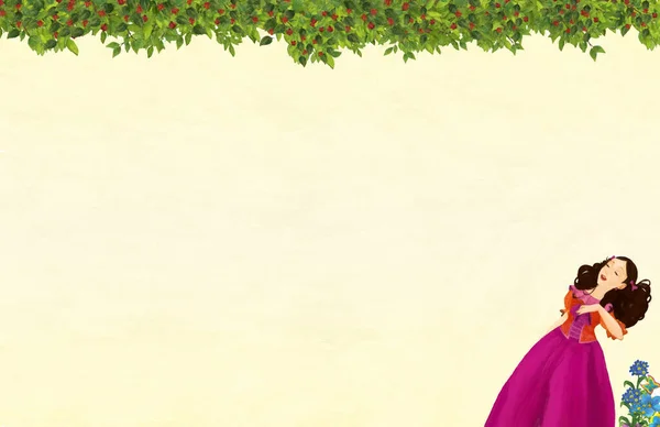 Мультяшна Сцена Квітковою Рамкою Красива Дівчина Принцеса Титульна Сторінка Простором — стокове фото