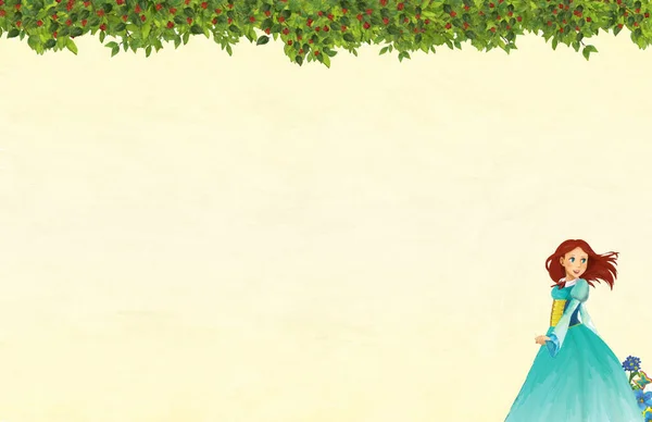 Мультфильм Сцена Цветочной Рамкой Красивая Принцесса Девушка Титульная Страница Пространством — стоковое фото