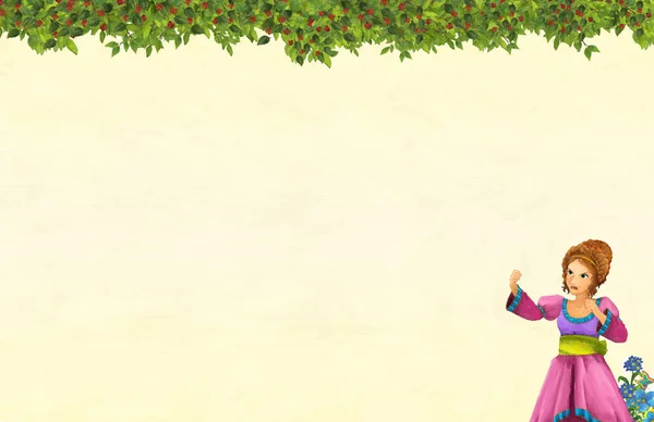 Tecknad Scen Med Blommig Ram Vacker Flicka Prinsessa Titelsida Med — Stockfoto