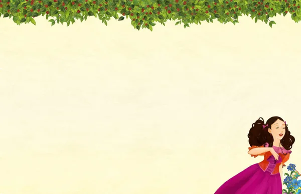 Escena Dibujos Animados Con Marco Floral Hermosa Princesa Niña Portada —  Fotos de Stock