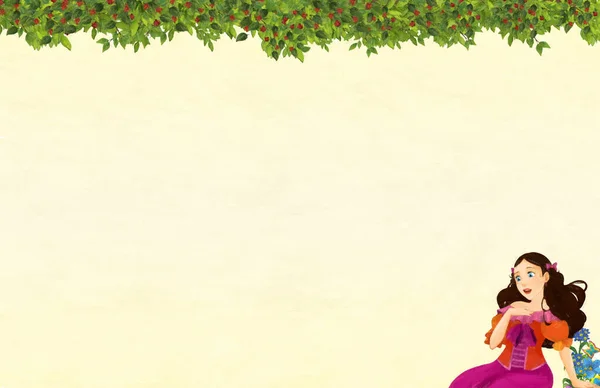 Cartoon Szene Mit Blumenrahmen Schöne Prinzessin Titelseite Mit Platz Für — Stockfoto