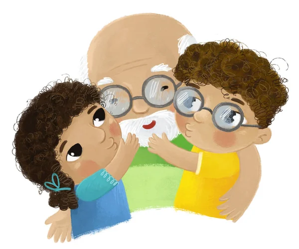 Cena Dos Desenhos Animados Com Família Feliz Avô Avô Com — Fotografia de Stock