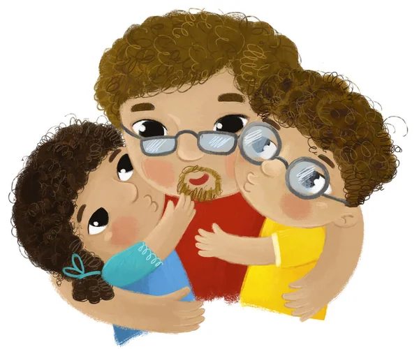 Escena Dibujos Animados Con Feliz Padre Familia Con Ilustración Niños —  Fotos de Stock