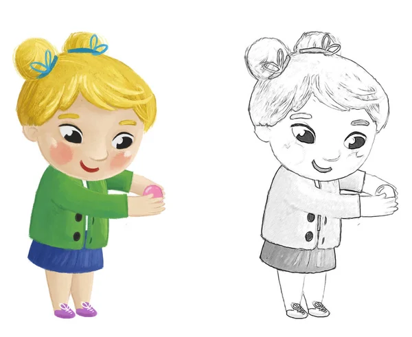 Cartoon School Meisje Wassen Witte Achtergrond Illustratie Voor Kinderen — Stockfoto