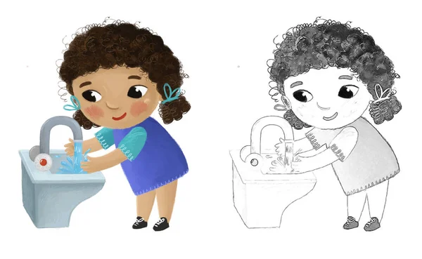 Colegiala Dibujos Animados Lavándose Sobre Fondo Blanco Ilustración Para Niños —  Fotos de Stock