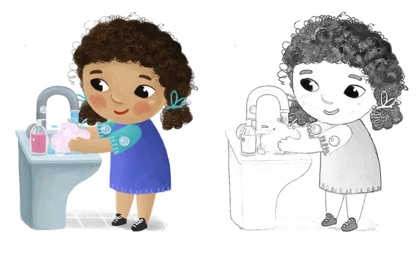 Colegiala Dibujos Animados Lavándose Sobre Fondo Blanco Ilustración Para Niños —  Fotos de Stock