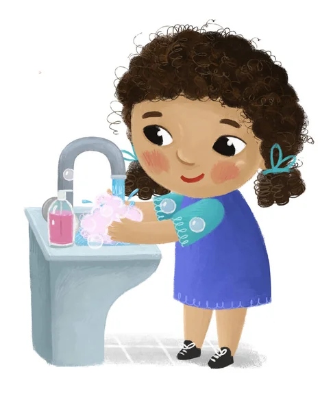 Tecknad Skola Flicka Tvätta Vit Bakgrund Illustration För Barn — Stockfoto