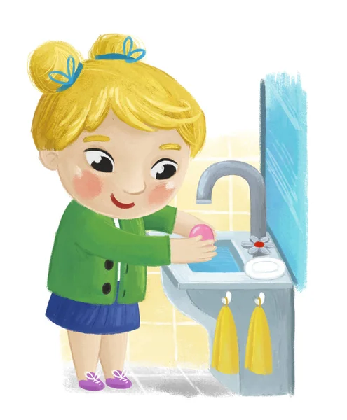 cartoon school girl washing on white background - illustration for kids