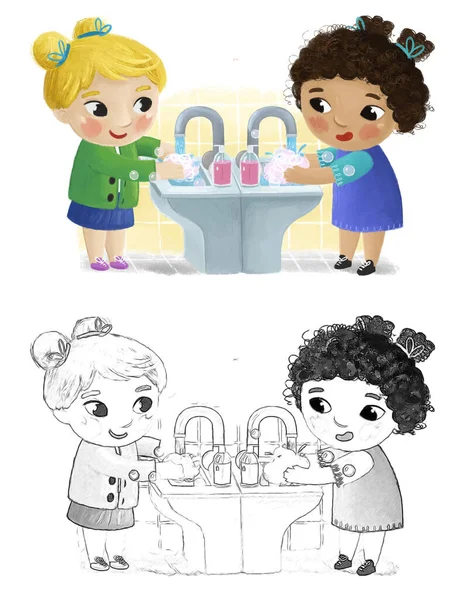 Cartoon Escola Menina Lavagem Fundo Branco Ilustração Para Crianças — Fotografia de Stock