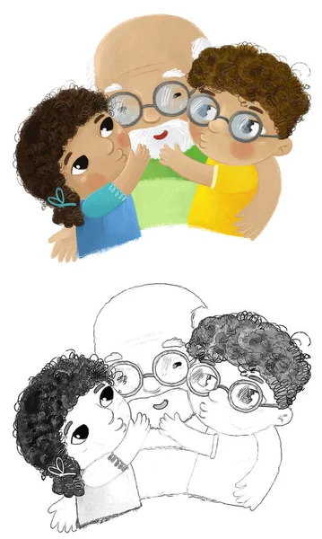 Cena Dos Desenhos Animados Com Família Feliz Avô Avô Com — Fotografia de Stock