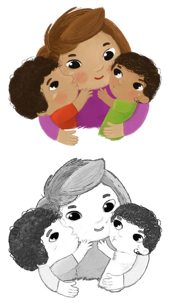 Kreskówka Scena Szczęśliwy Rodzina Matka Dzieci Ilustracja — Zdjęcie stockowe