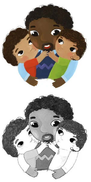 Kreslená Scéna Šťastnou Rodinou Otec Dětmi Ilustrace — Stock fotografie