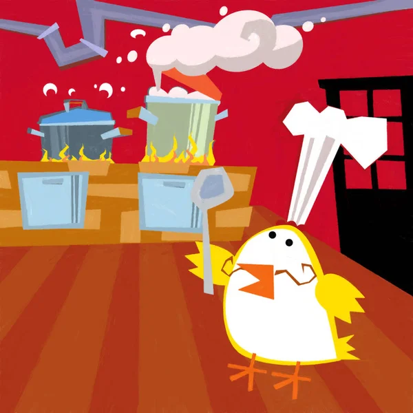 子供のためのキッチンイラストで幸せな鶏の鶏料理と漫画シーン — ストック写真