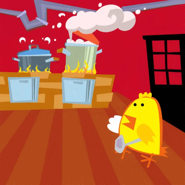 Cartoon Scene Happy Chicken Rooster Cooking Kitchen Illustration Kids — Stock Photo, Image