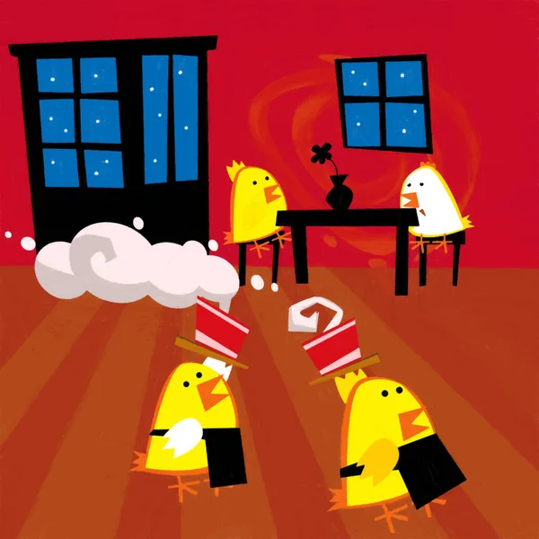 Kreskówka Scena Szczęśliwy Kurczak Kogut Gotowanie Kuchni Ilustracja Dla Dzieci — Zdjęcie stockowe
