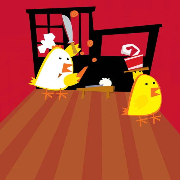 Cartoon Scene Happy Chicken Rooster Cooking Kitchen Illustration Children — Stock Photo, Image