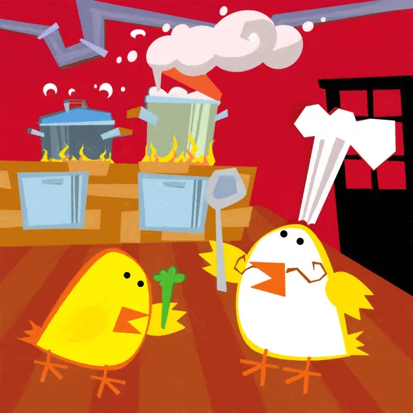 Escena Dibujos Animados Con Gallo Pollo Feliz Cocina Ilustración Cocina —  Fotos de Stock