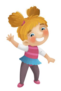 Genç bir kızın dans ederek eğlendiği karikatür sahnesi boş zamanlarında çocuklar için izole edilmiş illüstrasyon.