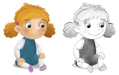 Genç bir kızın eğlendiği karikatür sahnesi. Çocuklar için izole edilmiş boş zaman çizimi.