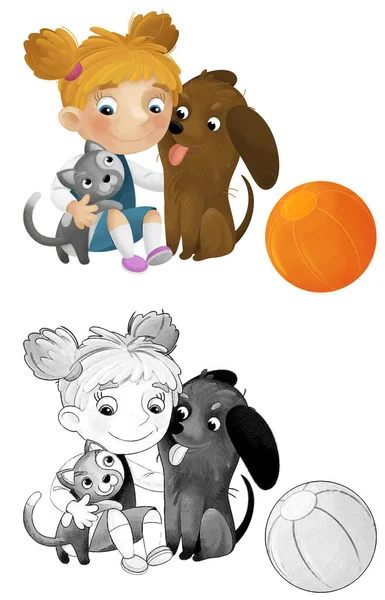 卡通片 女学生玩球 与狗一起玩乐 为孩子们画草图 — 图库照片