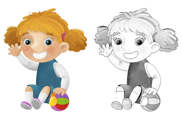 Kreslené Scény Školní Dívka Hraje Míč Baví Ilustrace Pro Děti — Stock fotografie