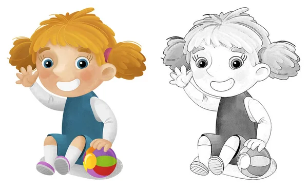 Kreslené Scény Školní Dívka Hraje Míč Baví Ilustrace Pro Děti — Stock fotografie