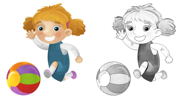 Cena Dos Desenhos Animados Com Menina Escola Jogando Bola Tendo — Fotografia de Stock