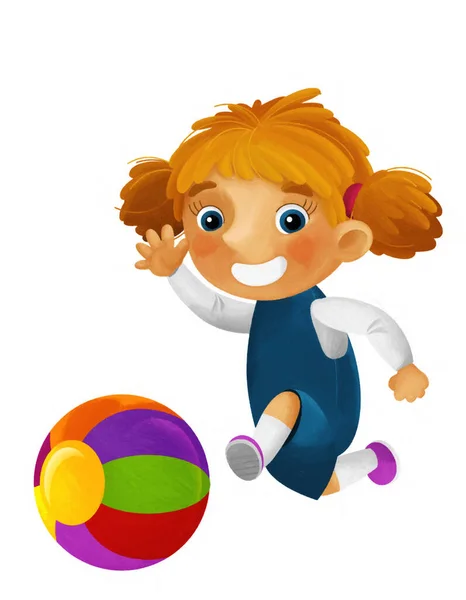 Мультяшная Сцена Школьницей Играющей Мяч Забавной Иллюстрацией Детей — стоковое фото