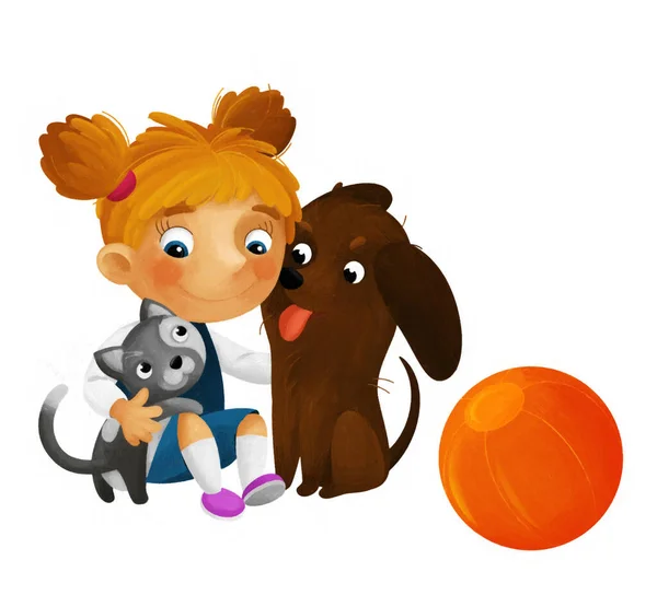 cartoon scene with school girl playing ball having fun with dogs illustration for kids