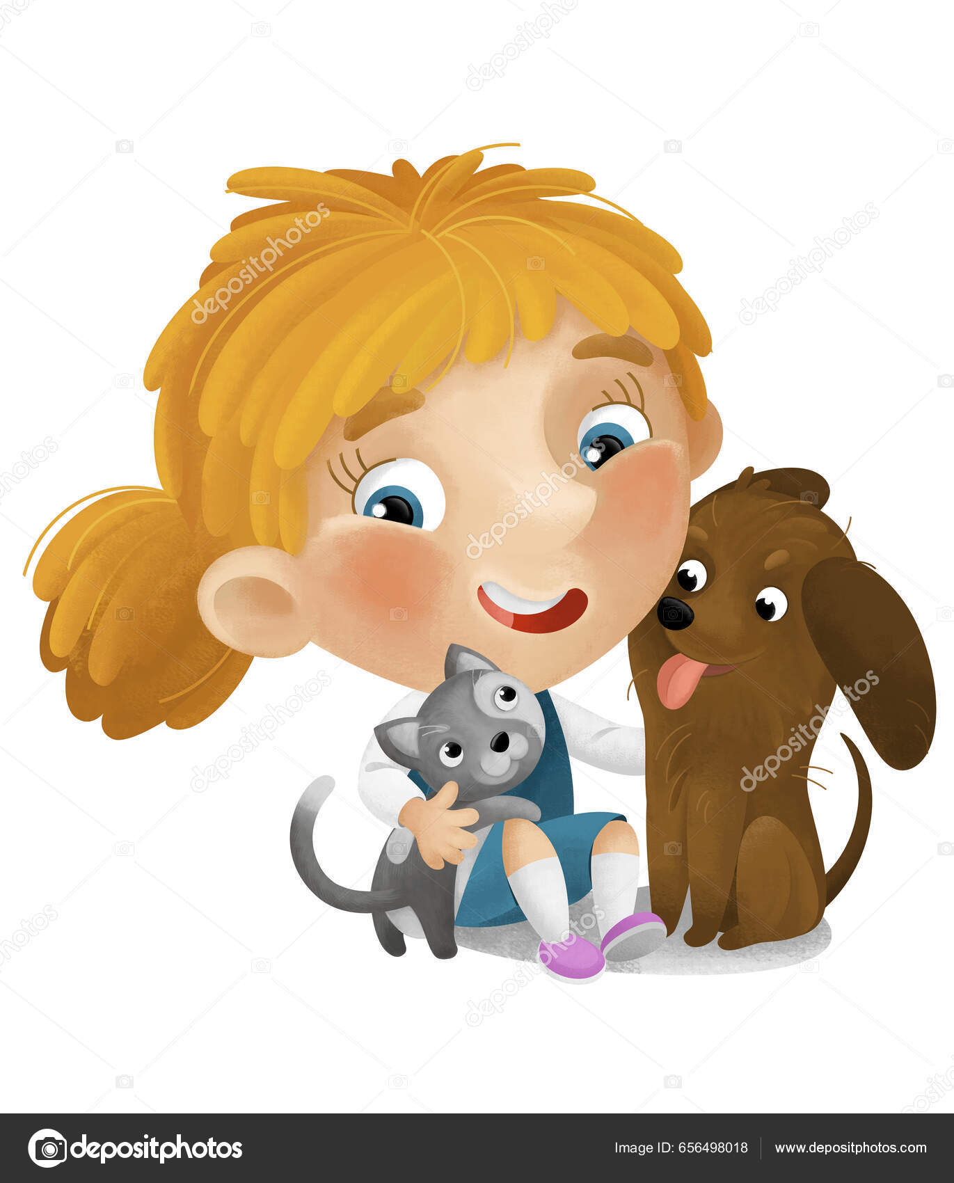 Cartoon Scene School Girl Playing Having Fun Dogs Illustration