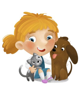 Çizgi film sahnesinde liseli kız oynuyor ve çocuklar için köpek resimleriyle eğleniyor.