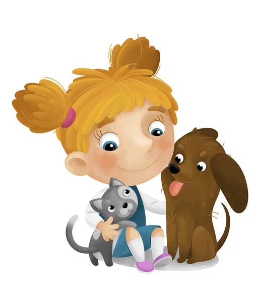Cartoon Szene Mit Schulmädchen Die Mit Hunden Spielen Und Spaß — Stockfoto