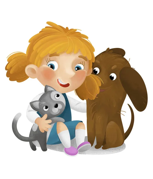 Cartoon Scene School Girl Playing Having Fun Dogs Illustration Kids — Stock Photo, Image