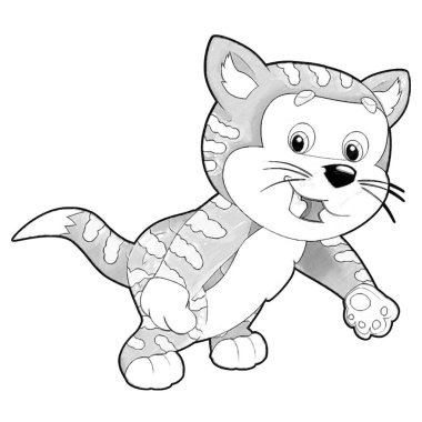 Mutlu kedinin çocuklar için izole resimlerle oynadığı karikatür sahnesi.