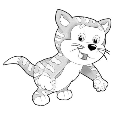 Mutlu kedinin çocuklar için izole resimlerle oynadığı karikatür sahnesi.