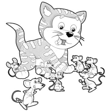 Mutlu kedinin çocuklar için izole resimlerle oynadığı karikatür sahnesi.