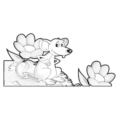 Mutlu çiftlik faresinin çocuklar için izole edilmiş resimlerle eğlendiği karikatür sahnesi.