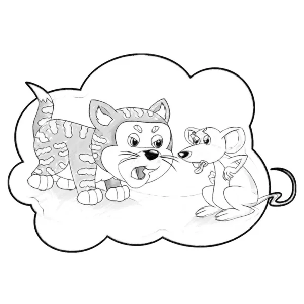 Schizzo Scena Del Cartone Animato Con Gatto Felice Facendo Qualcosa — Foto Stock