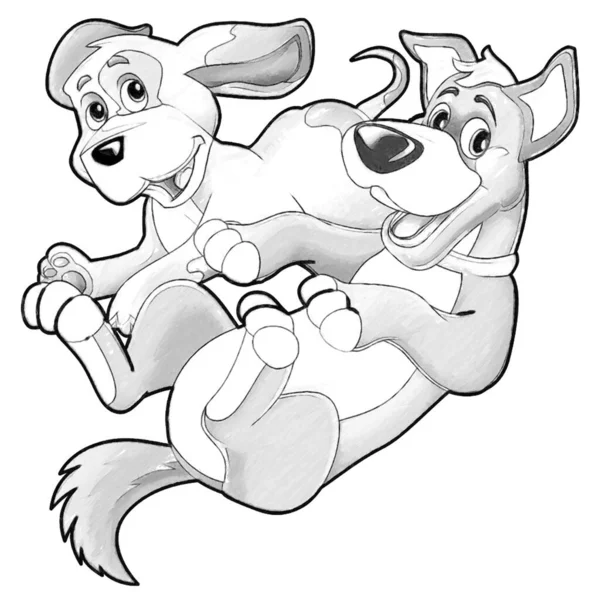 Bosquejo Escena Dibujos Animados Con Perro Granja Feliz Divertirse Ilustración — Foto de Stock