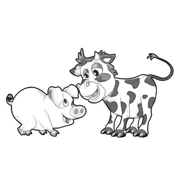 Bosquejo Escena Dibujos Animados Con Divertido Aspecto Vaca Becerro Cerdo — Foto de Stock
