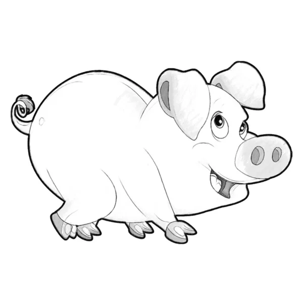 Boceto Escena Dibujos Animados Con Granja Feliz Cerdo Sonriente Ilustración — Foto de Stock
