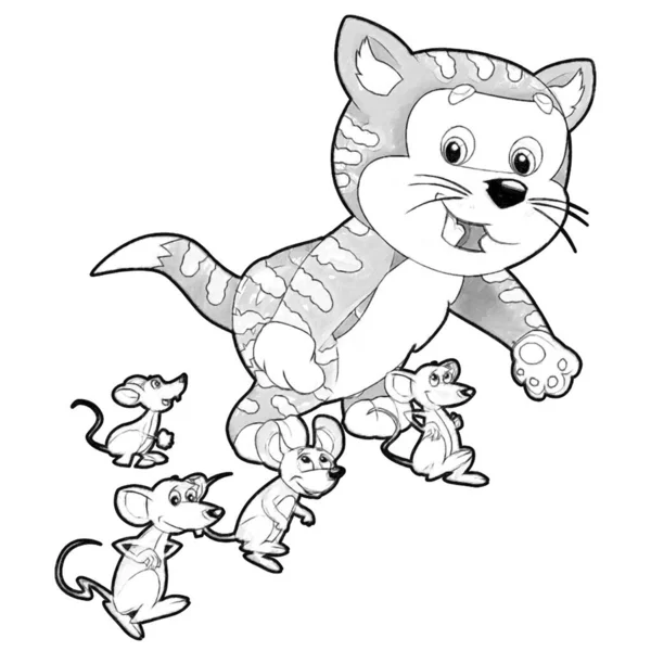Sketch Tecknad Scen Med Glad Katt Gör Något Att Spela — Stockfoto