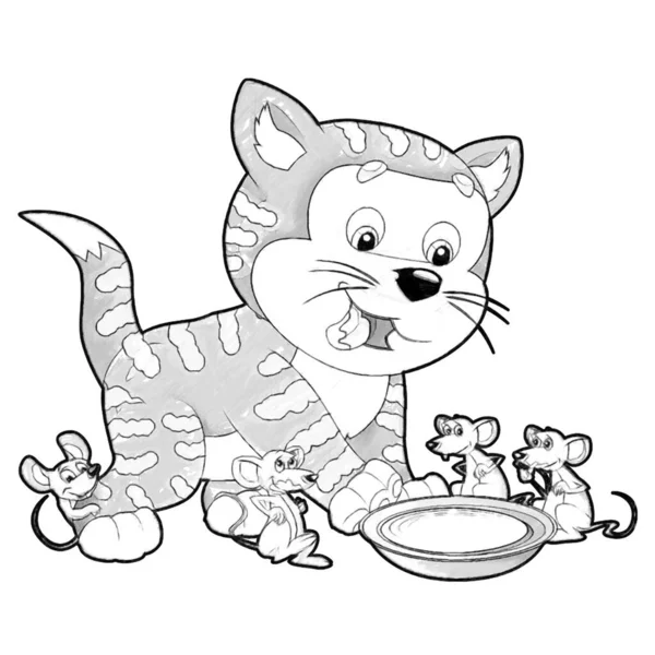 Bosquejo Escena Dibujos Animados Con Gato Feliz Haciendo Algo Jugando —  Fotos de Stock