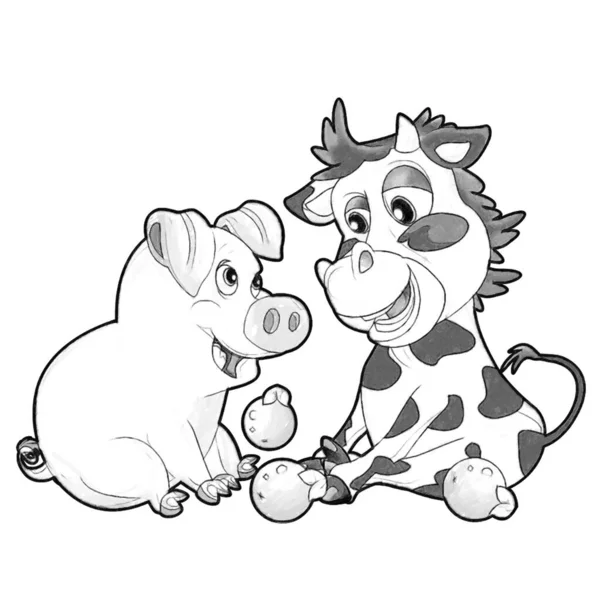 Bosquejo Escena Dibujos Animados Con Divertido Aspecto Vaca Becerro Cerdo — Foto de Stock