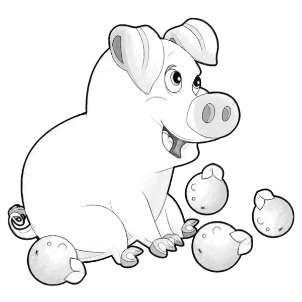 Boceto Escena Dibujos Animados Con Granja Feliz Cerdo Sonriente Ilustración —  Fotos de Stock