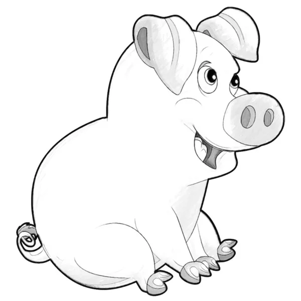 Boceto Escena Dibujos Animados Con Granja Feliz Cerdo Sonriente Ilustración — Foto de Stock