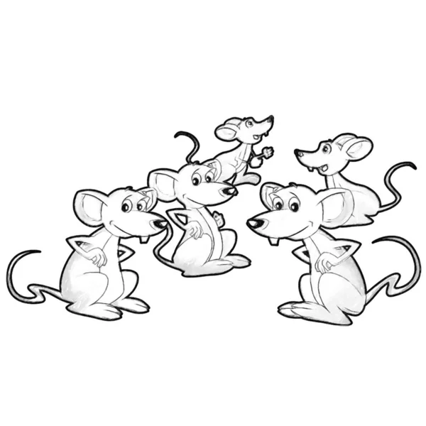 Vázlat Rajzfilm Jelenet Boldog Farm Patkány Egér Szórakozás Elszigetelt Illusztráció — Stock Fotó